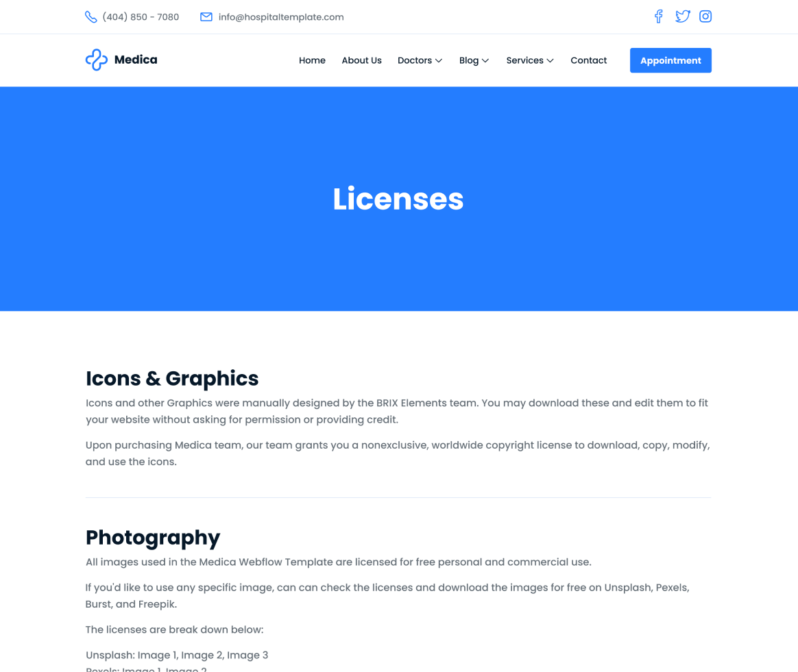 Medica - Licenses page - Hospital and Doctors Webflow Template